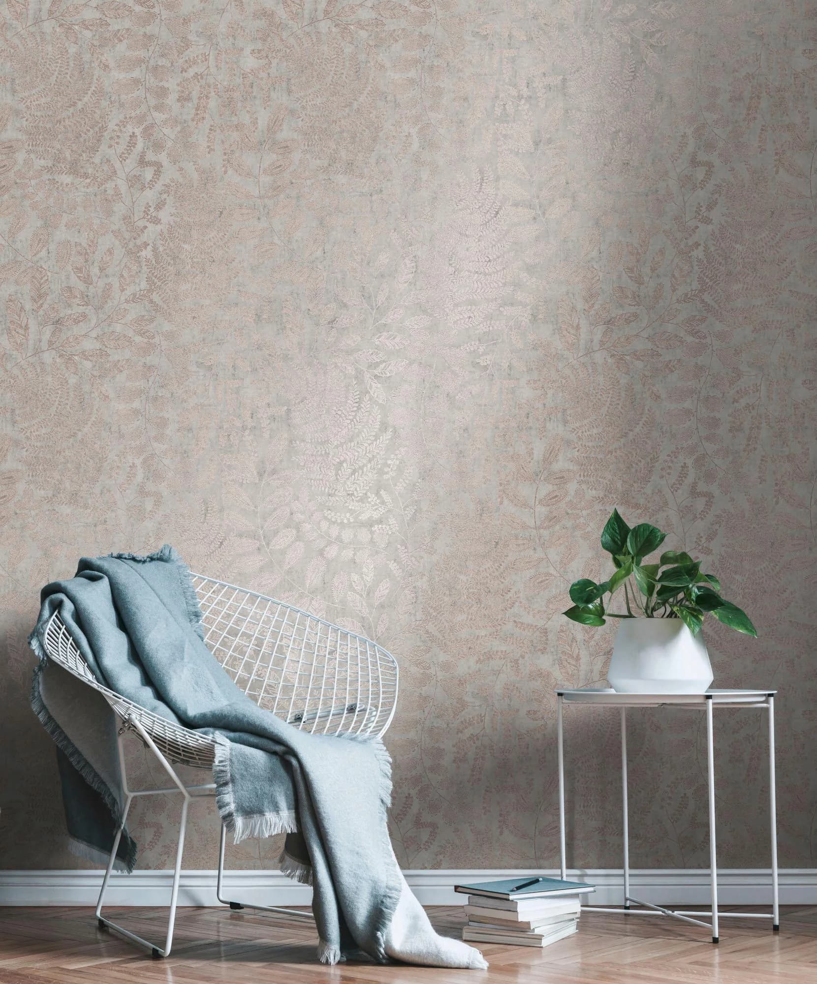 A.S. Création Vliestapete Blattmotiv Grau Rosé Goldfarben