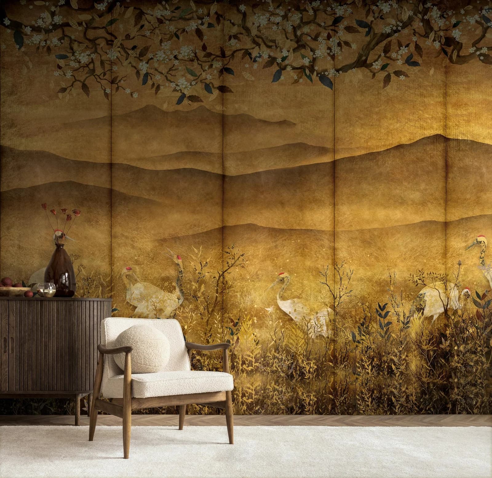 Livingwalls Fototapete Goldene Berge mit Blüten und Vögeln Braun