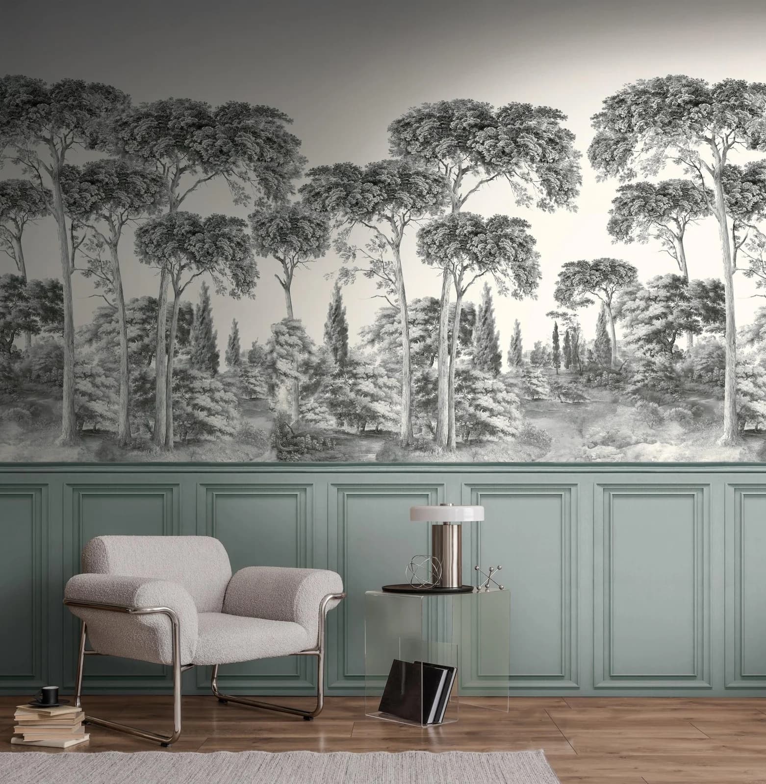Livingwalls Fototapete Malerische Baumlandschaft Grau Vlies
