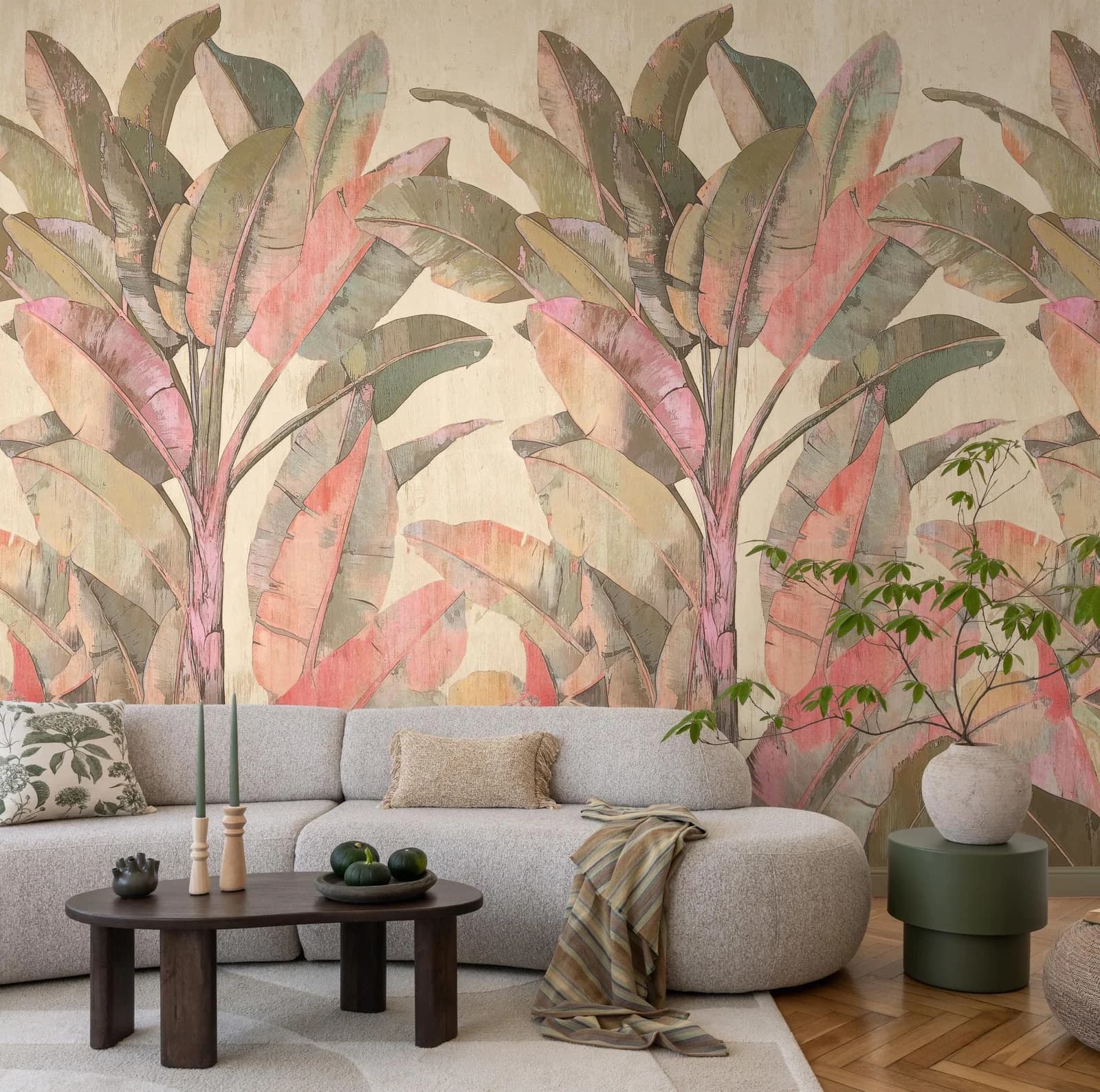 Living Walls Vliestapete Tropische Palmenblätter Beige Grün Rosa