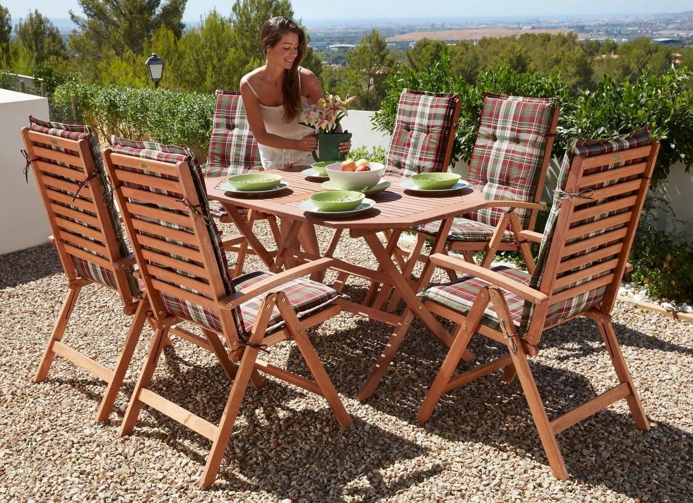 MERXX Garten-Essgruppe Borkum 6-tlg. Braun Eukalyptus mit Kissen - Bild 2
