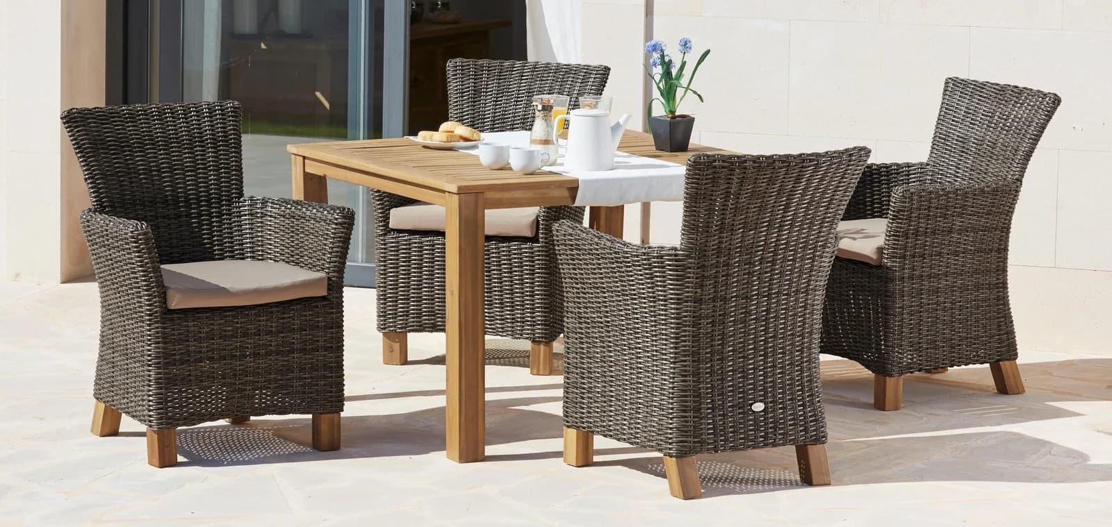 MERXX Garten-Essgruppe Toskana 4 Sessel Polyrattan hellbraun