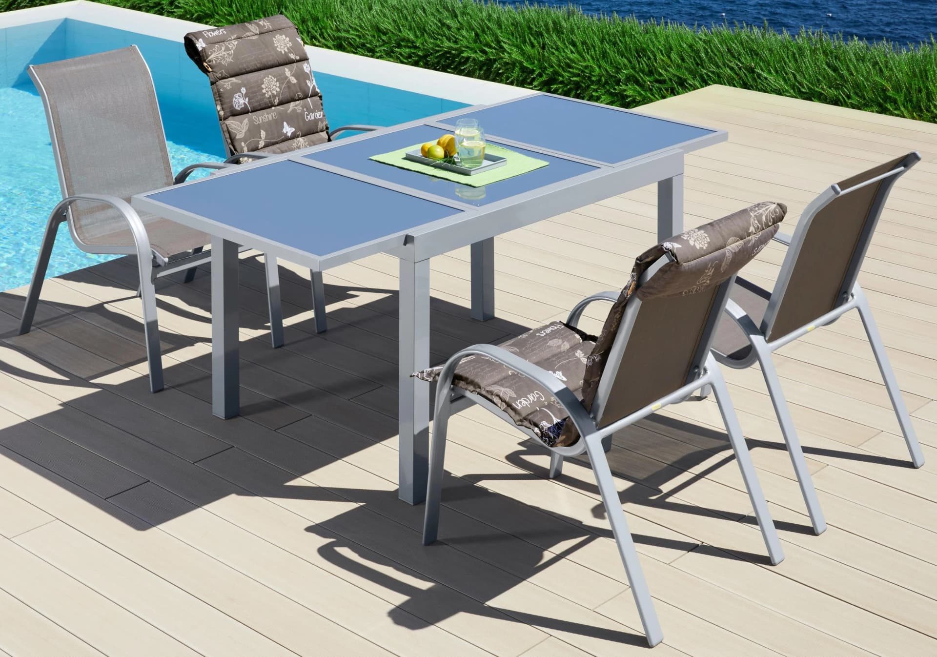 MERXX Garten-Essgruppe Amalfi 4 Sessel ausziehbar grau