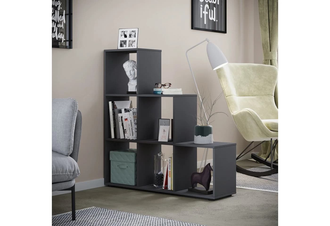 VCM Standregal Nitas Schwarz 6 Fächer Holzstruktur - Bild 5