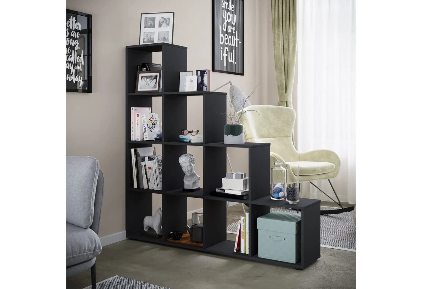 VCM Standregal Napoli Schwarz 10 Fächer Holzstruktur - Bild 5