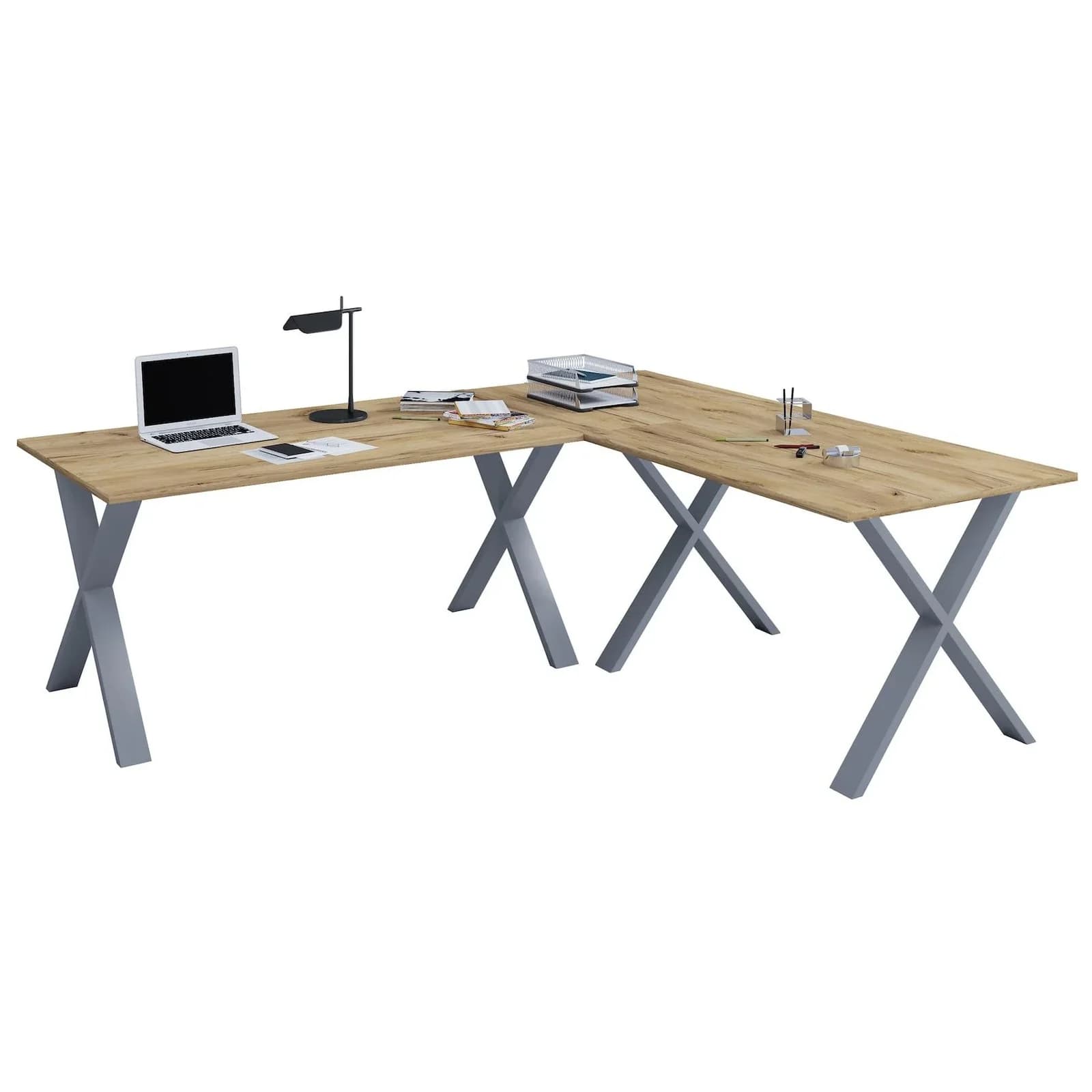 VCM Eckschreibtisch Lona X L-Form Braun/Silber