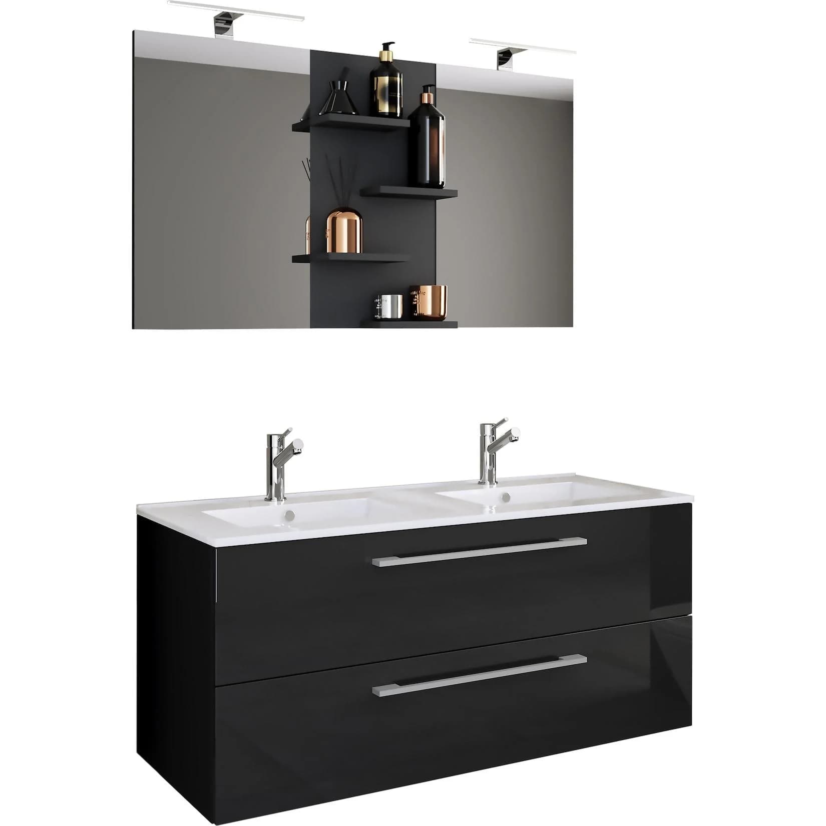 VCM 3-tlg. Doppel Waschplatz Badmöbel-Set mit Unterschrank, Waschbecken und Spiegel