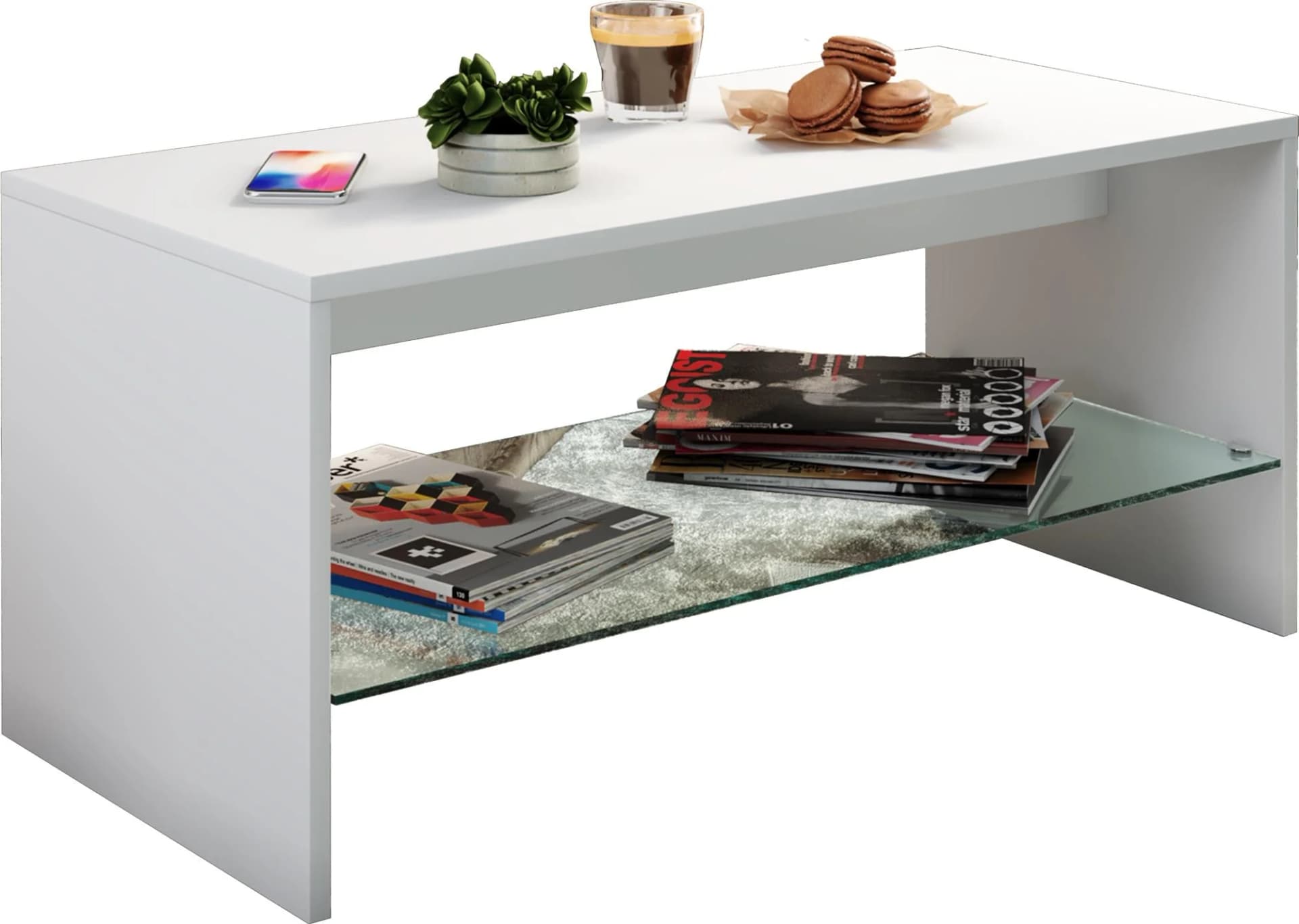 VCM Couchtisch Wisal Weiß mit Glasfachboden - Bild 2
