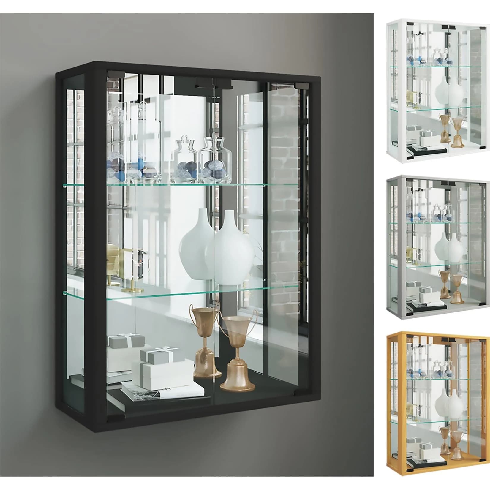 VCM Glasvitrine Hängevitrine Schwarz mit Spiegelrückwand