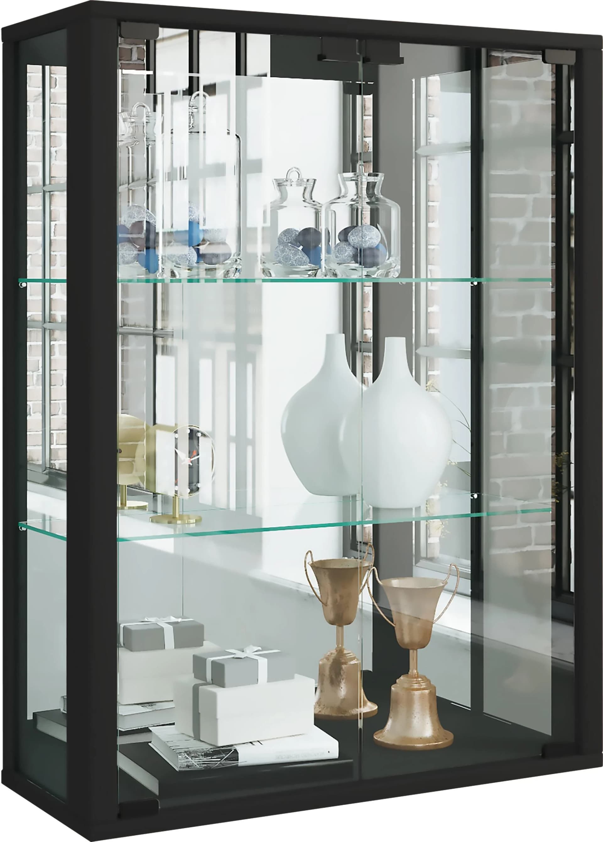 VCM Glasvitrine Hängevitrine Schwarz mit Spiegelrückwand - Bild 3