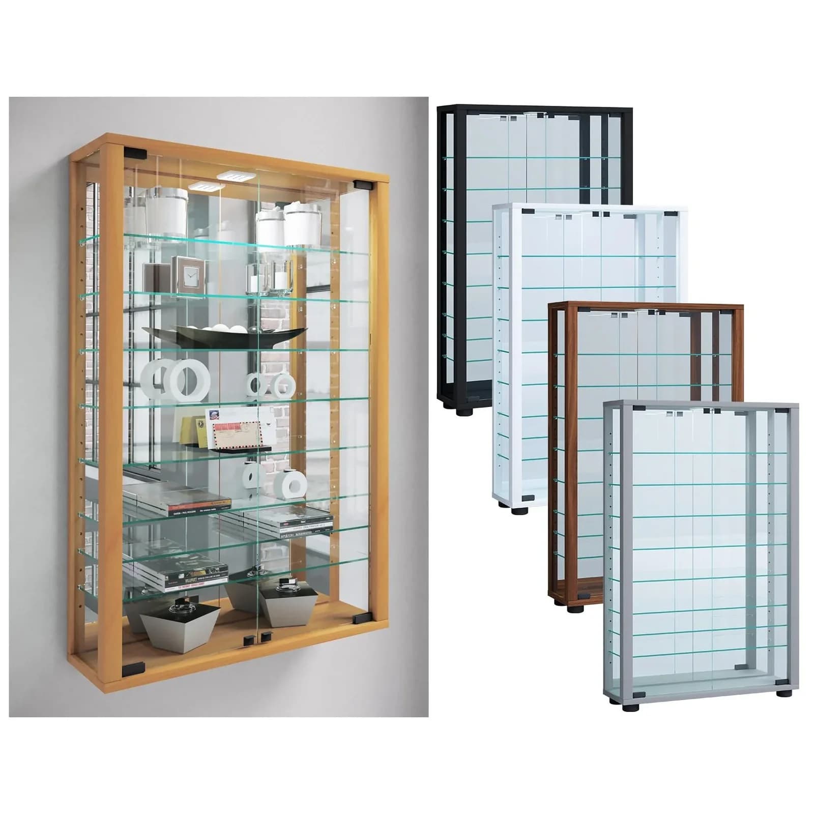 VCM Wandvitrine Glas mit Spiegel Buche Modern