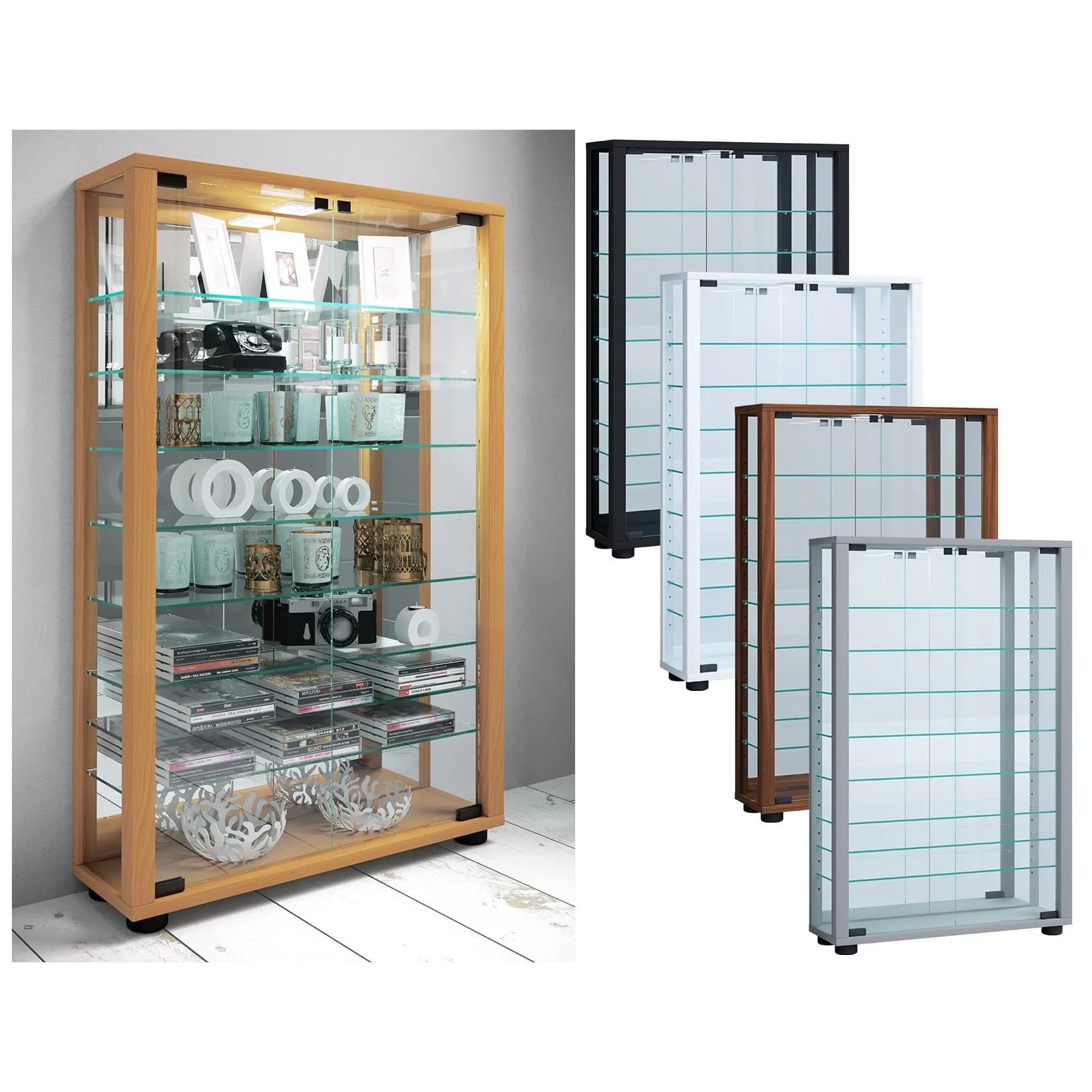 VCM Glasvitrine stehend mit ESG-Sicherheitsglas und Spiegel