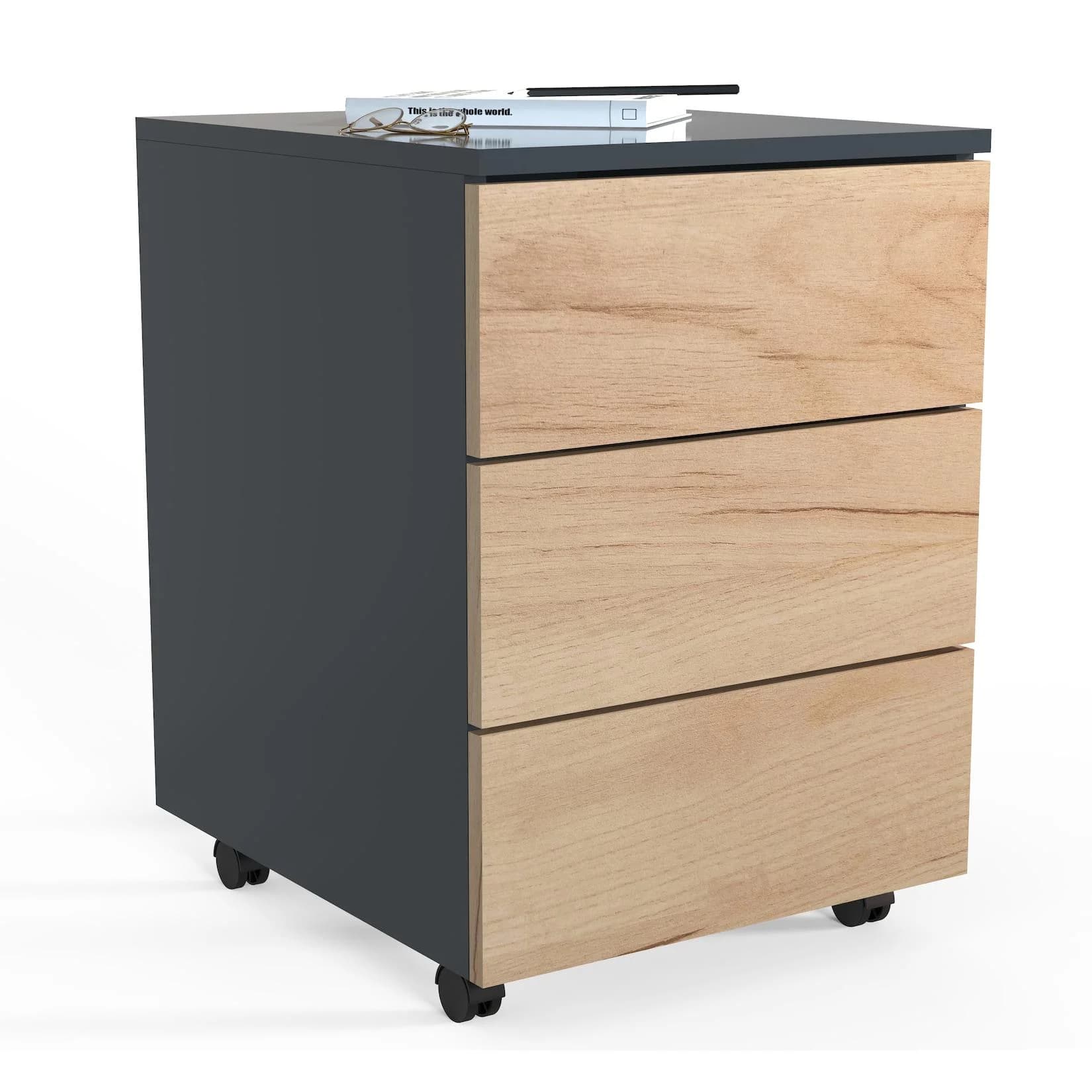 VCM Rollcontainer Dalosa 70 cm Anthrazit Honig-Eiche Push-to-Open