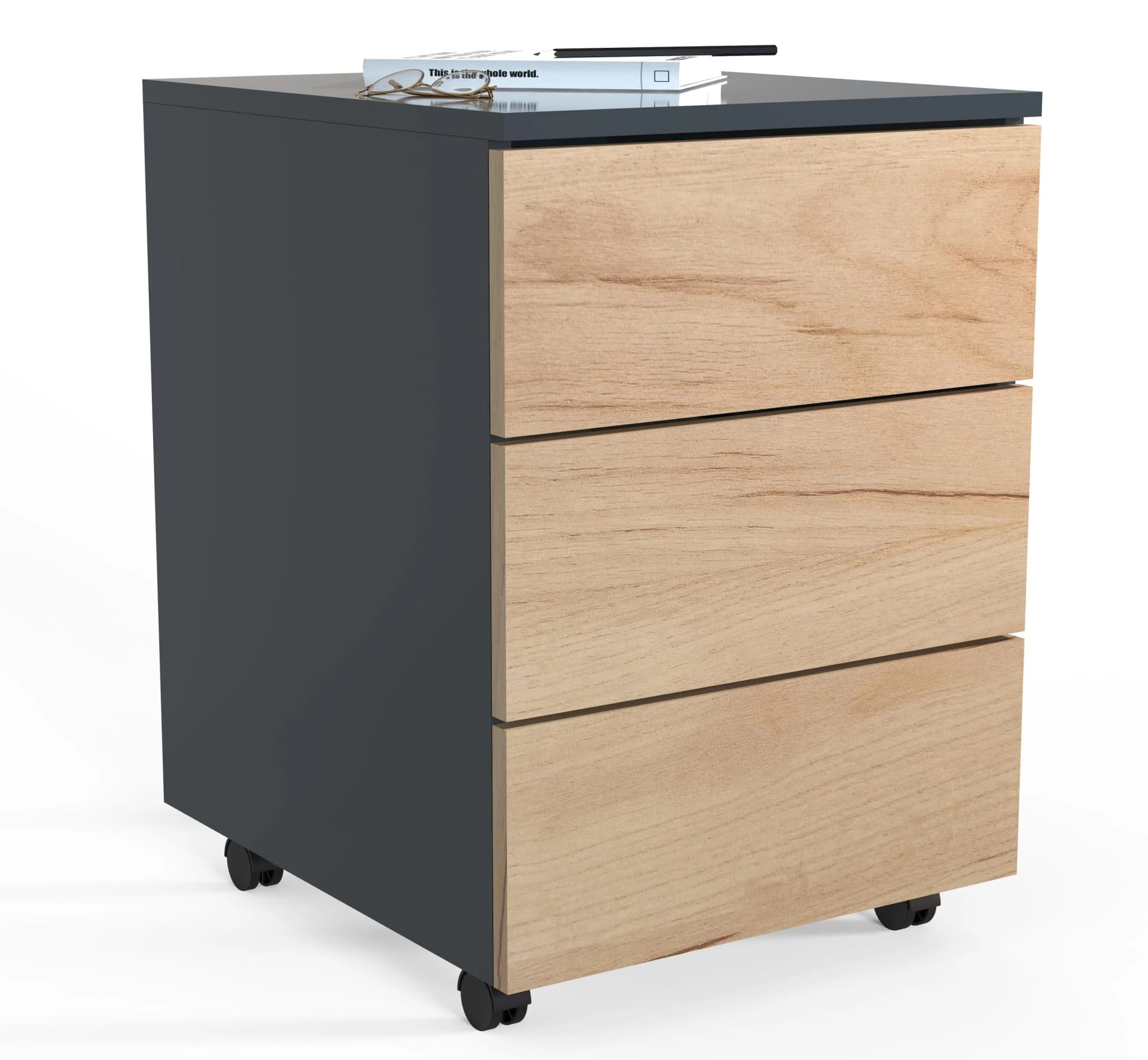 VCM Rollcontainer Dalosa 70 cm Anthrazit Honig-Eiche Push-to-Open - Bild 2