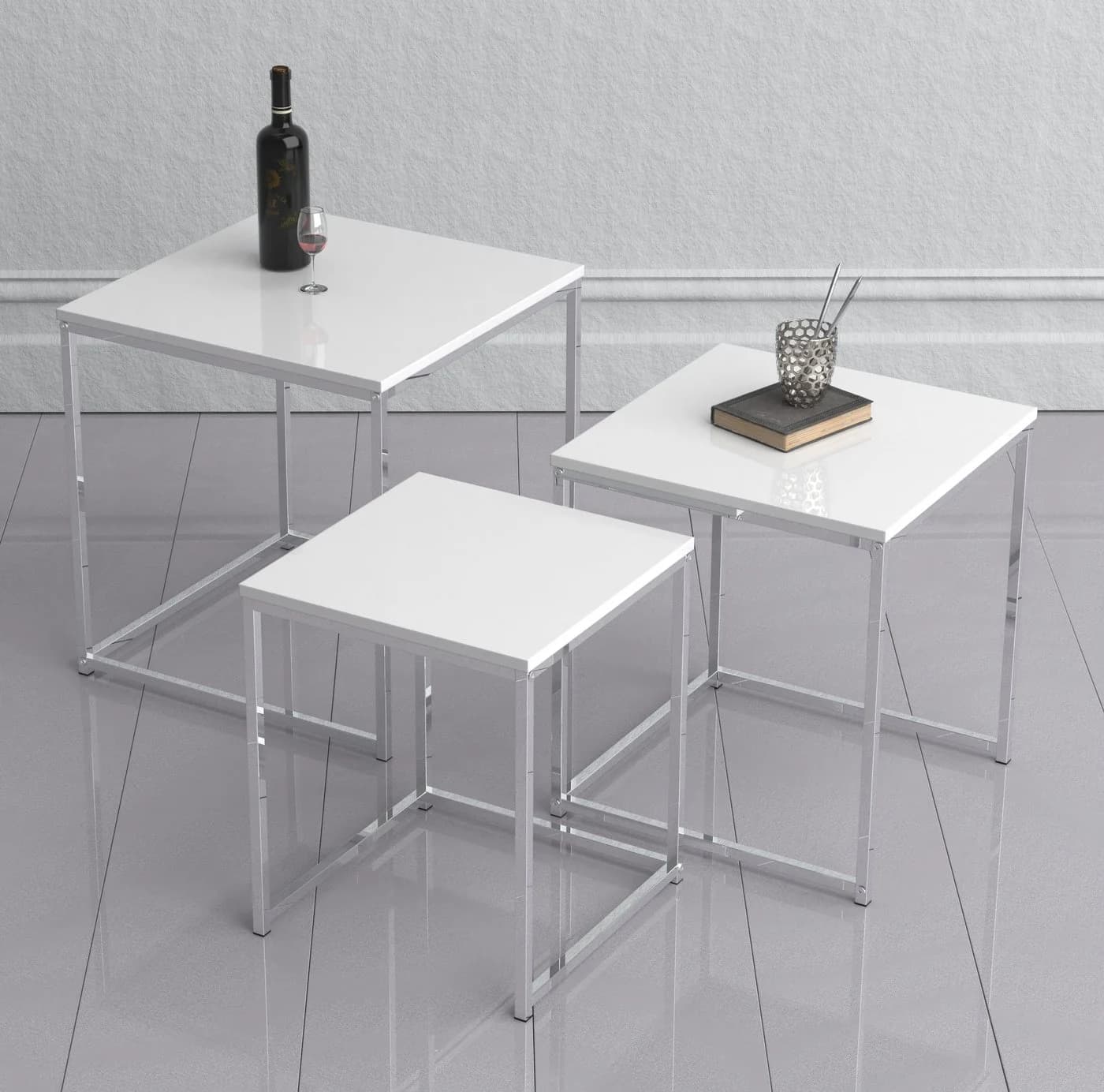 VCM 3-tlg. Tischset Weiß Metall MDF Couchtisch Set - Bild 4