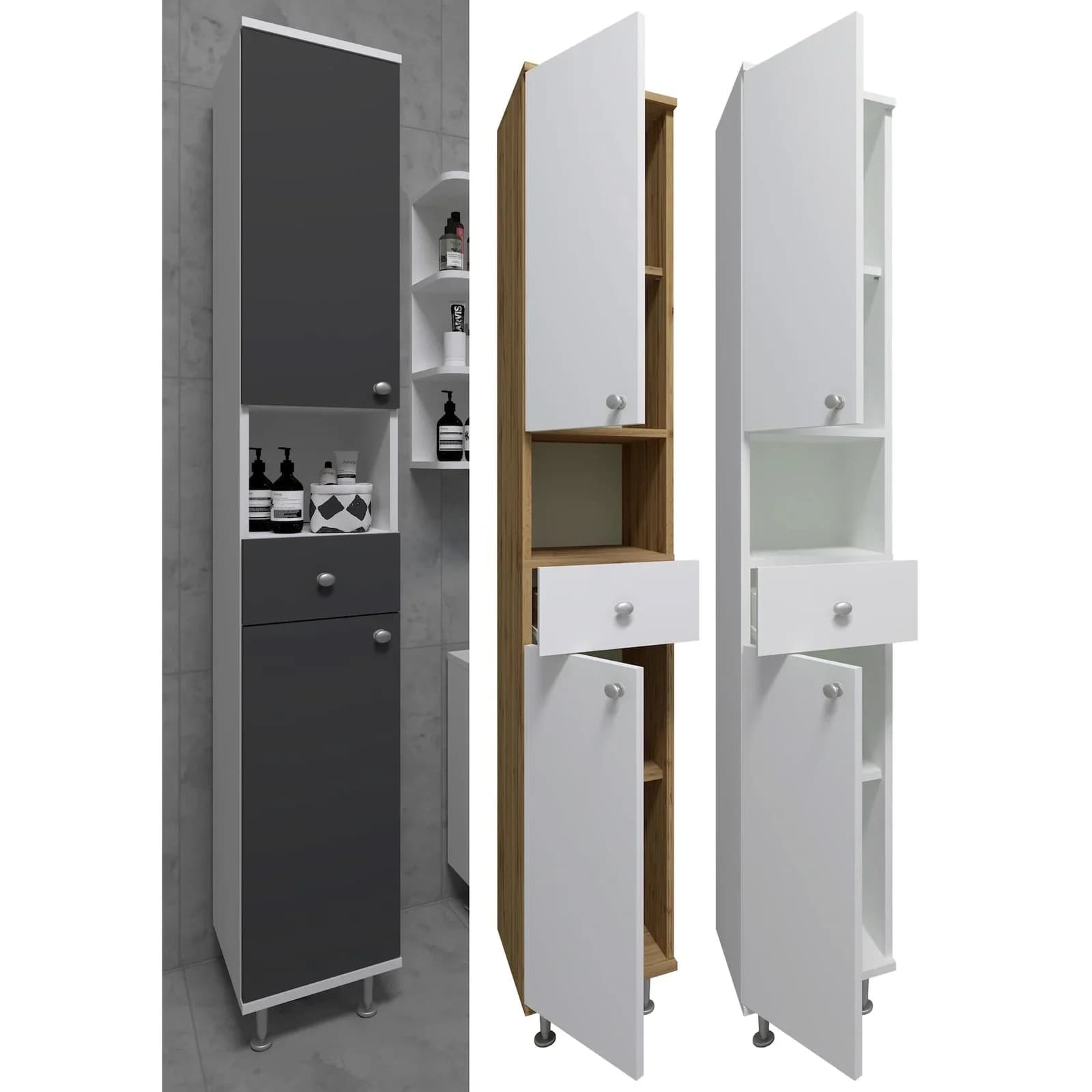 VCM Hochschrank Nilosi Weiß/Braun Badmöbel mit Schublade