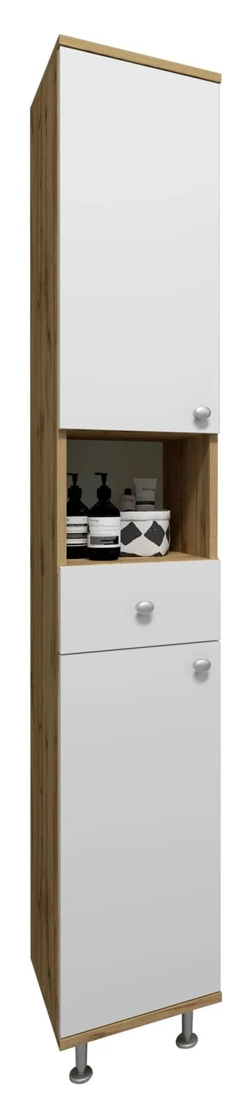 VCM Hochschrank Nilosi Weiß/Braun Badmöbel mit Schublade - Bild 2
