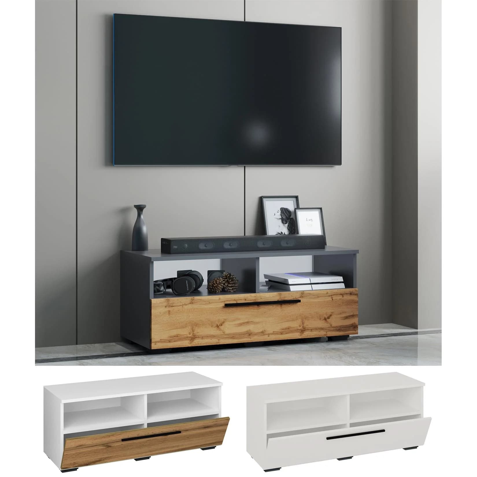 VCM TV-Lowboard Arila XL Holz Fernsehschrank Anthrazit Honig-Eiche