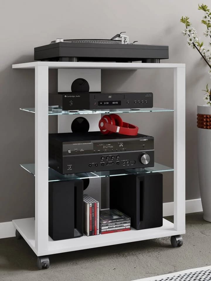 VCM Hifi Möbel Rack Folas Weiß mit Glasböden und Rollen - Bild 4