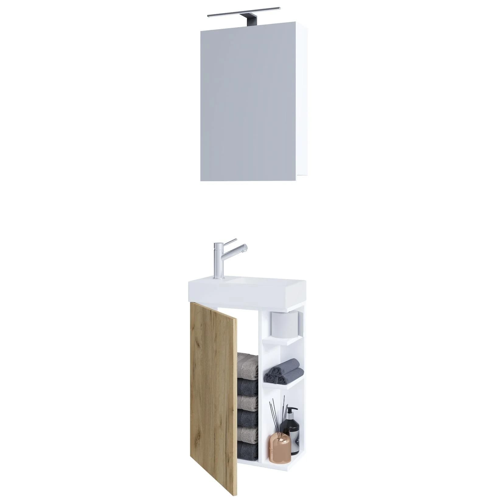 VCM Waschtisch Set Lumia mit Spiegelschrank Weiß/Honig-Eiche