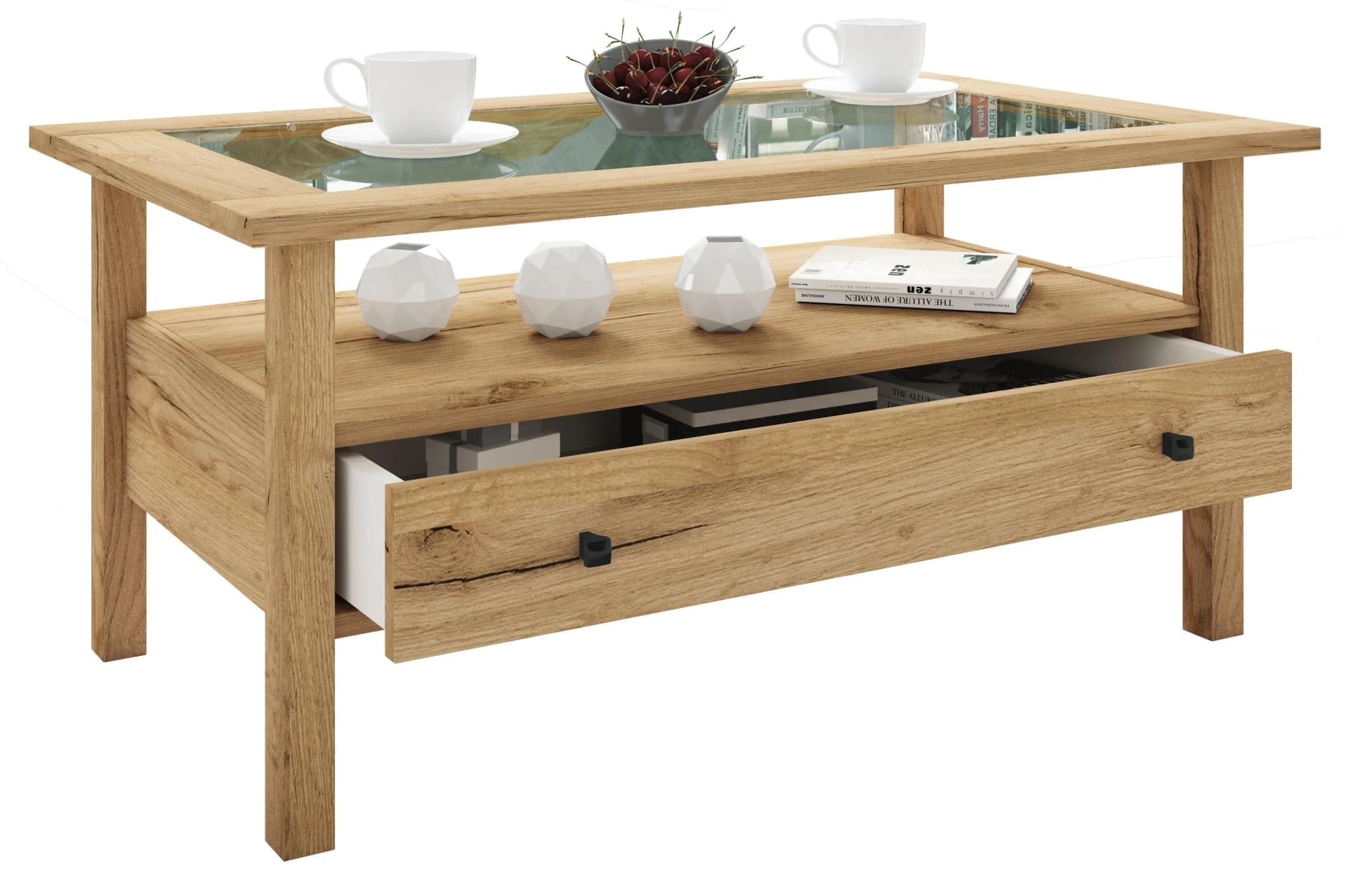 VCM Beistelltisch Lingis L mit Glasplatte und Schublade Honig-Eiche - Bild 2