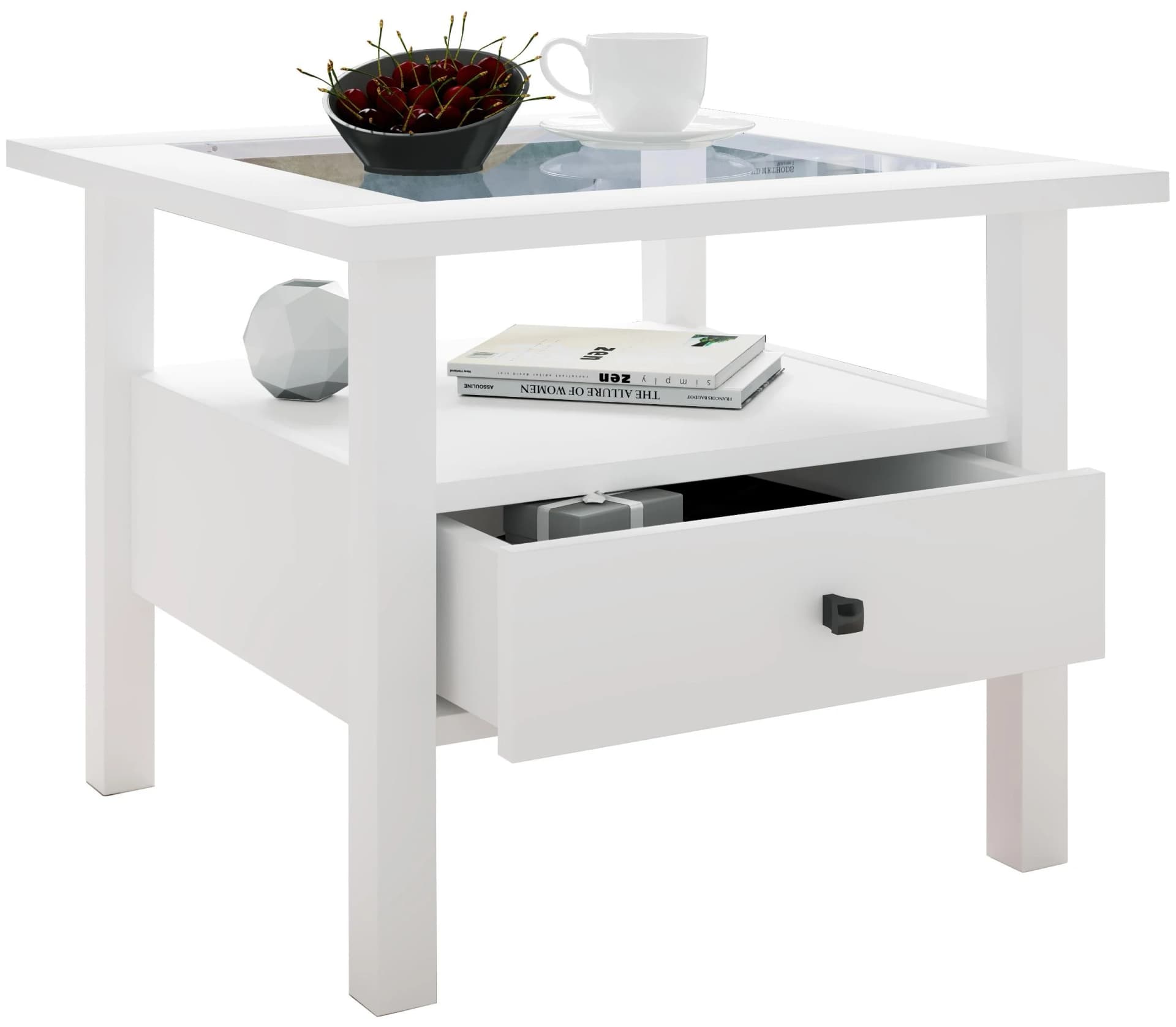 VCM Beistelltisch Lingis M Weiß mit Glasplatte und Schublade - Bild 2
