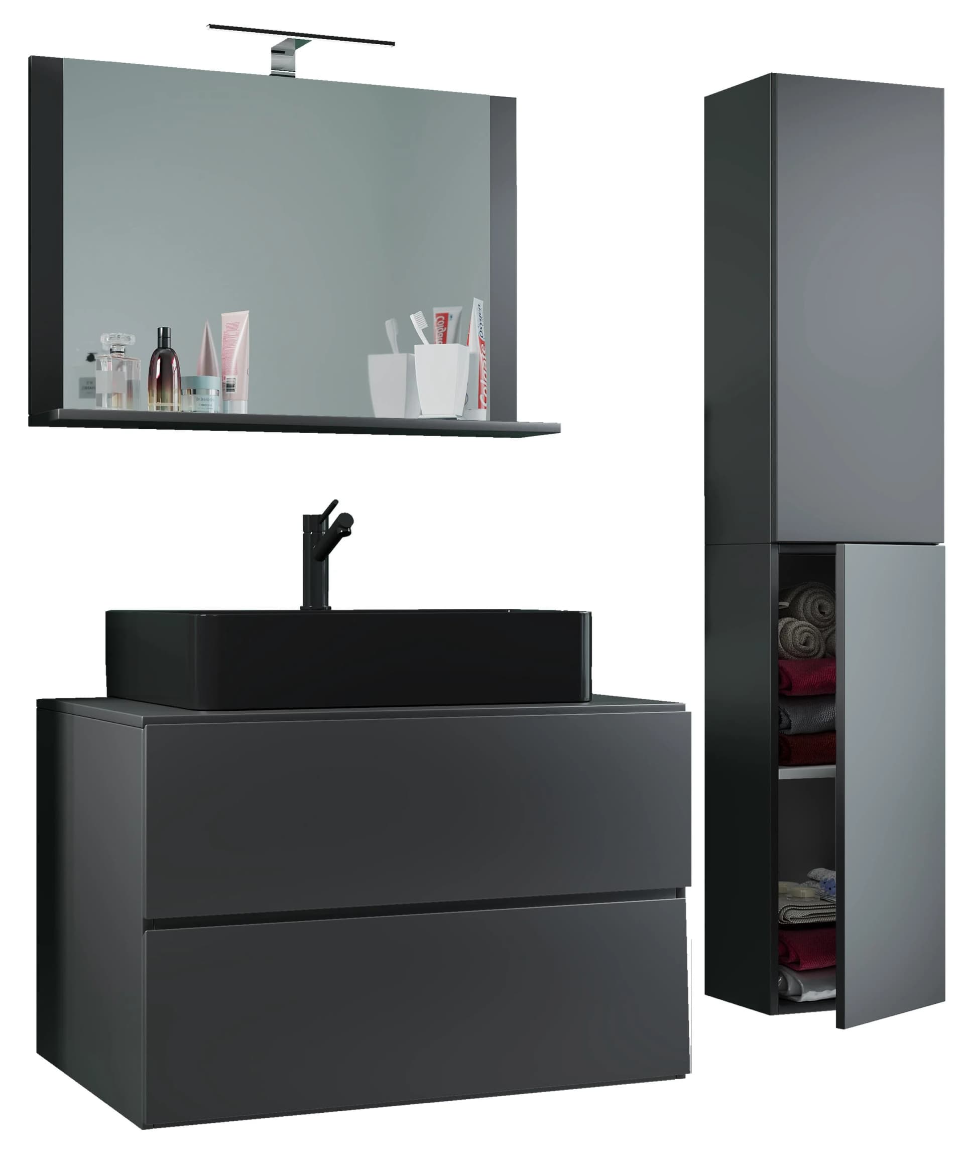 VCM 4-tlg. Waschplatz Waschtisch Set mit schwarzem Waschbecken und Unterschrank - Bild 2