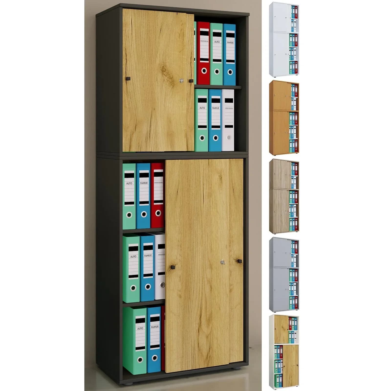 VCM Aktenschrank Lona 5-fach mit Schiebetüren Weiß/Honig-Eiche