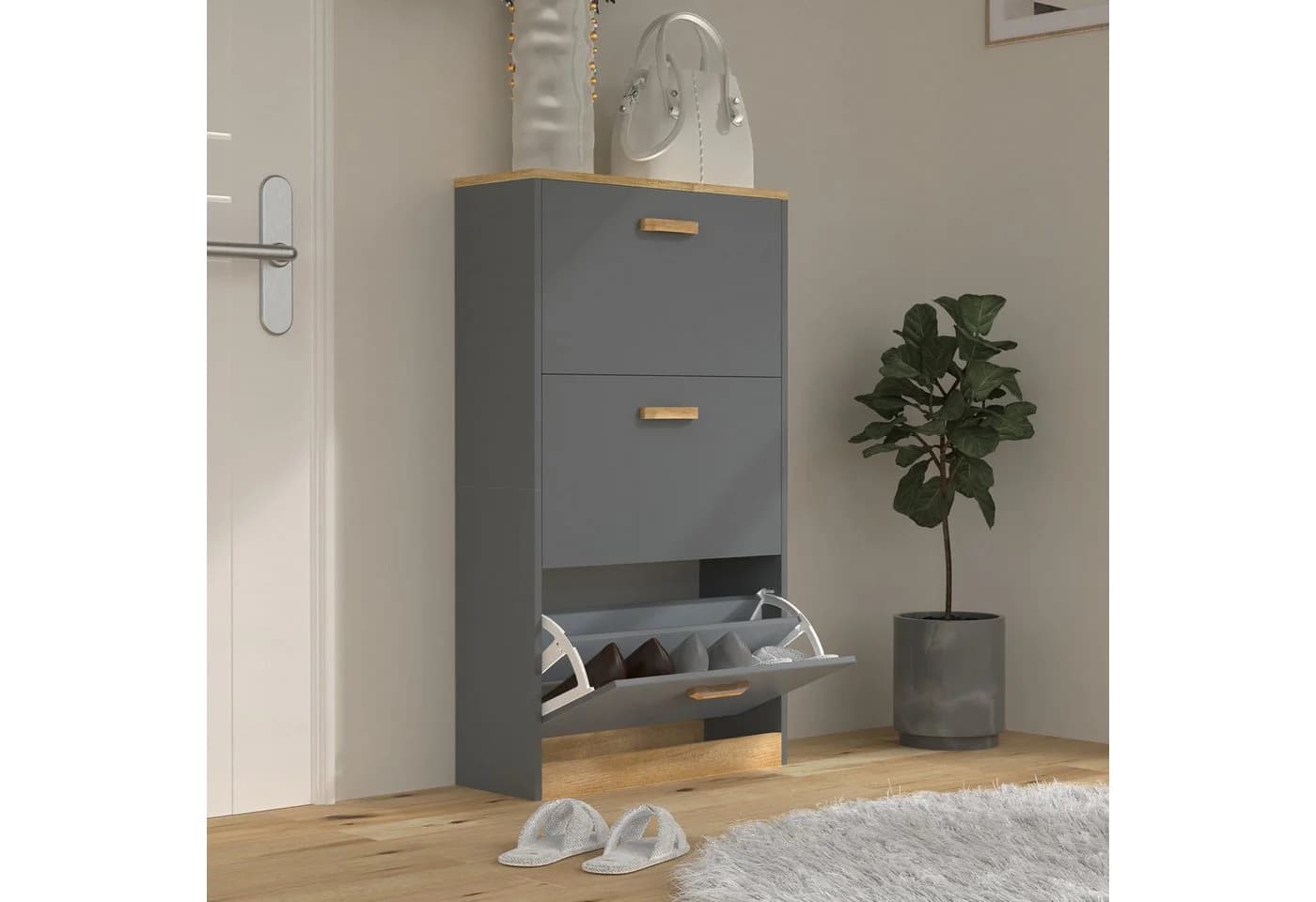 VCM Schuhschrank Holz 3 Klappen Halom M - Bild 4