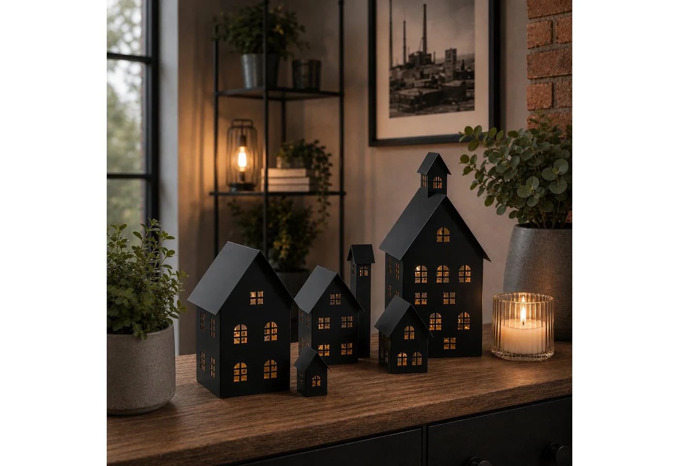 UNUS HOME Teelichthalter Deko Häuser Metall 5er Set Schwarz - Bild 4