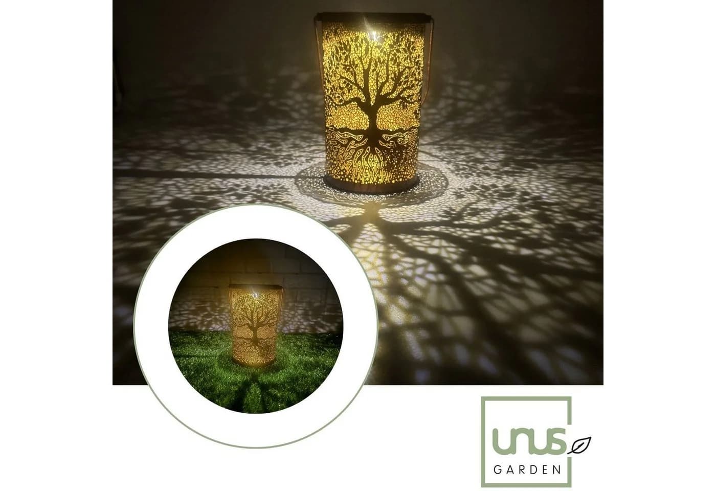 UNUS GARDEN Solarlaterne Metall Kupferfarben mit Baum-Dekor