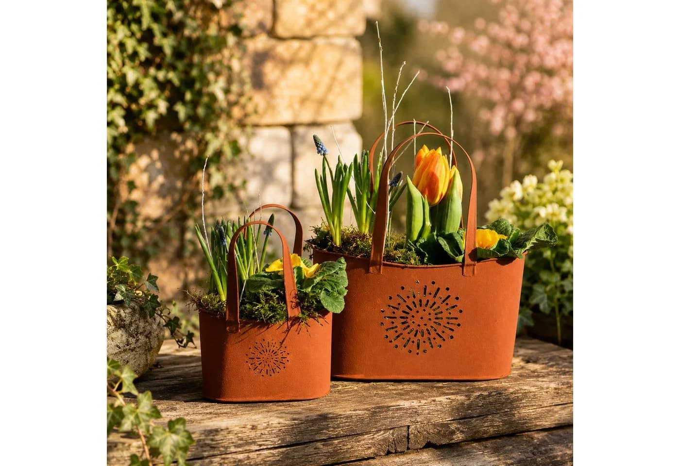 UNUS GARDEN Blumentopf Set Handtaschenform Metall Rostoptik 2er Dekorativ