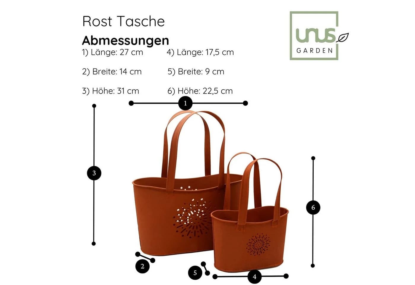 UNUS GARDEN Blumentopf Set Handtaschenform Metall Rostoptik 2er Dekorativ - Bild 5