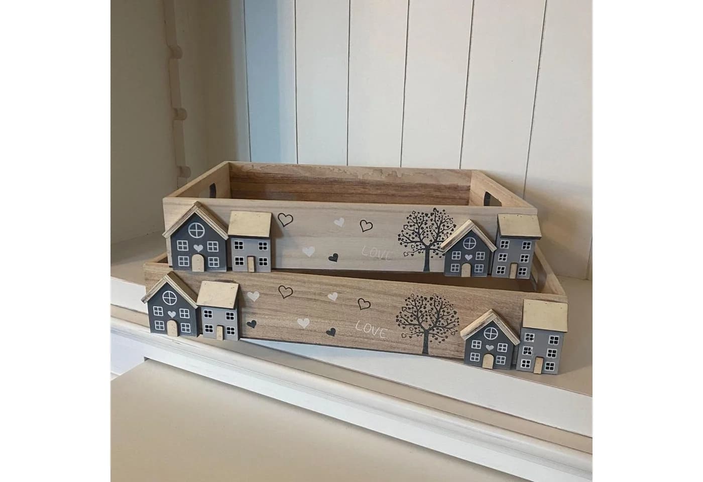 UNUS HOME Kerzentablett Holztablett Set 2-tlg. White-Washed Weiß