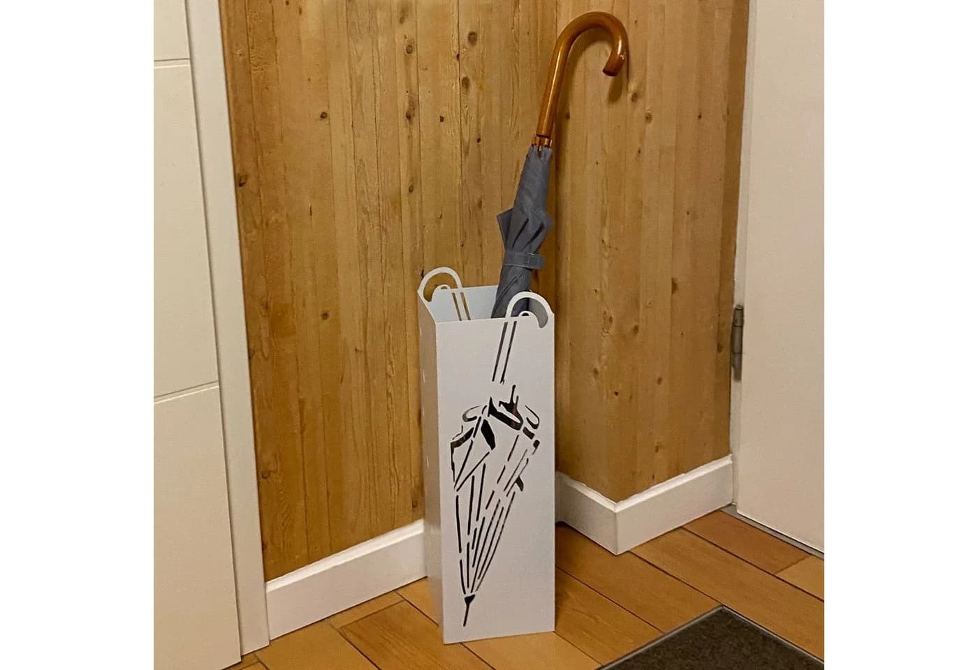 UNUS HOME Schirmständer mit Abtropfschale & 4 Haken, Weiß Metall