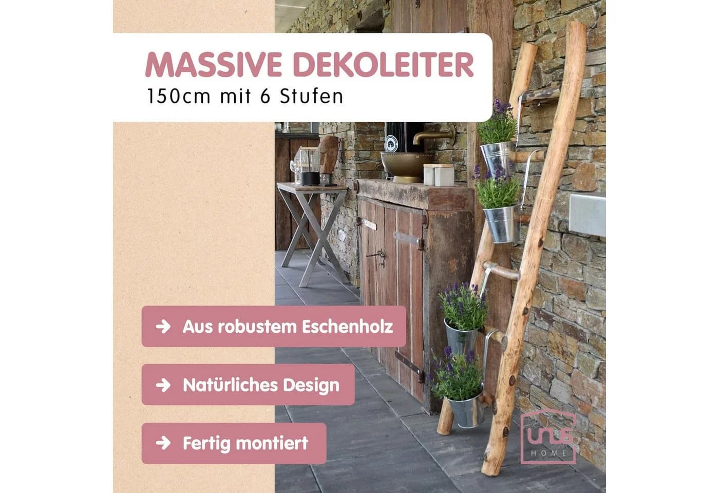 UNUS HOME Regalleiter Deko-Holzleiter Old-Look Eschenholz