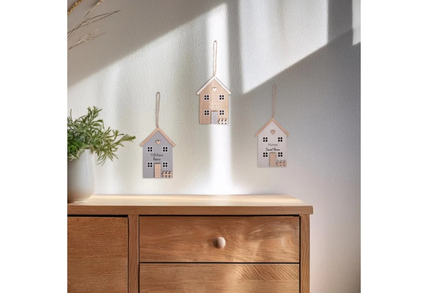 UNUS HOME Dekofigur 3er Set Holzaufhänger Häuseroptik Jutekordel