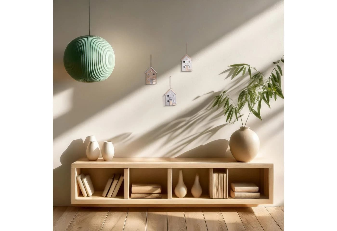 UNUS HOME Dekofigur 3er Set Holzaufhänger Häuseroptik Jutekordel - Bild 3