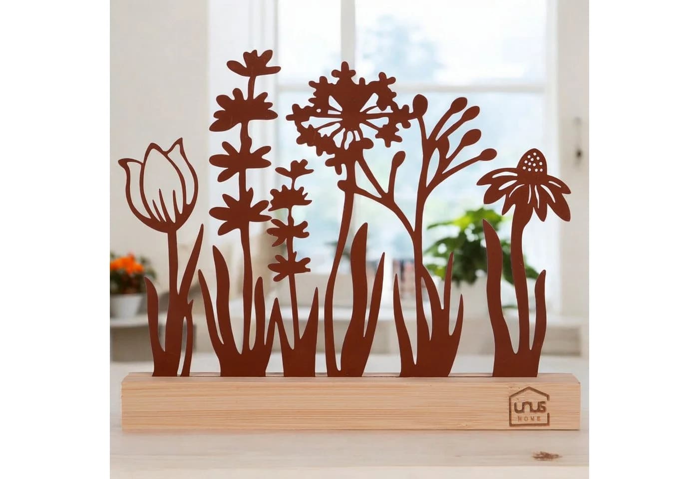 UNUS HOME Dekofigur Blumenwiese Silhouette Rost Metall Bambus