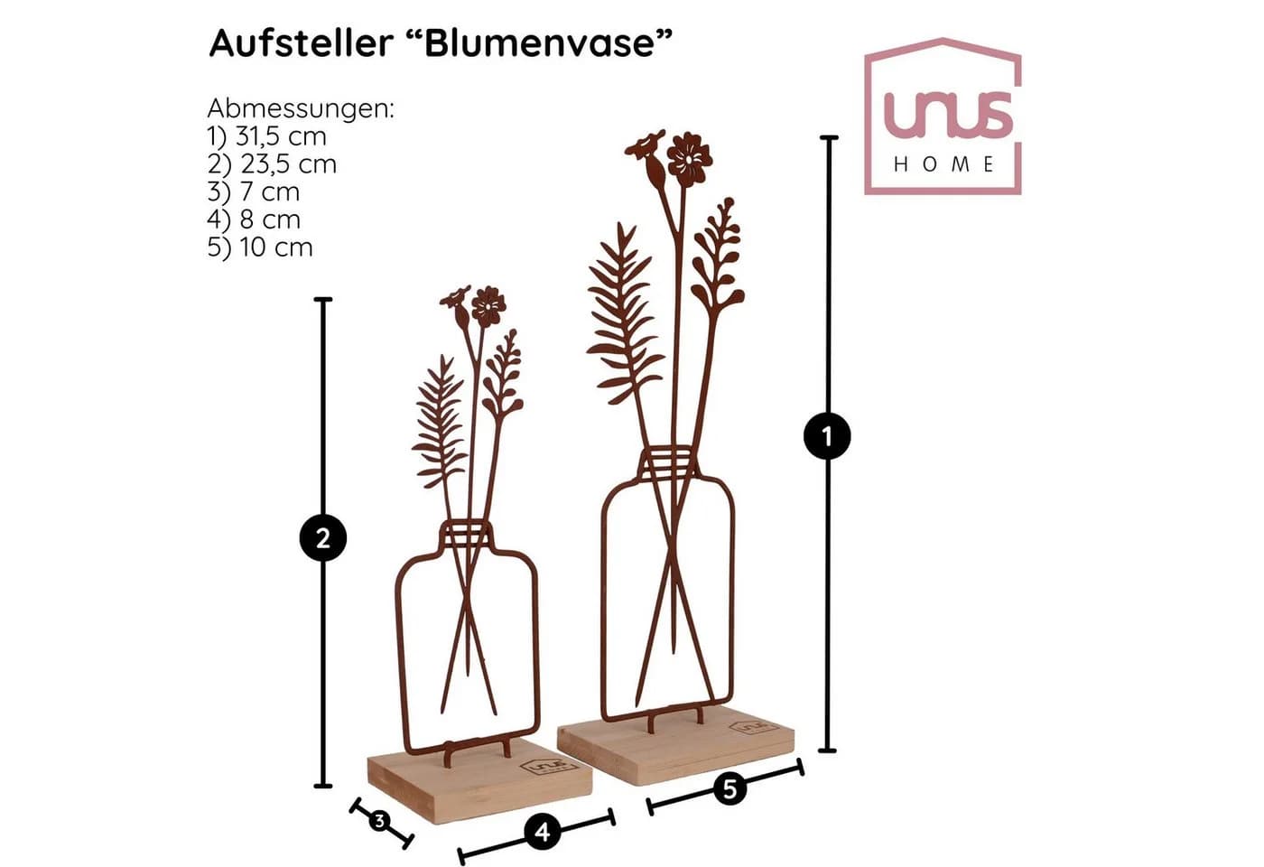 UNUS HOME Dekofigur Aufsteller Blumenvase 2er Set Metall Bambus Rost/Schwarz - Bild 4