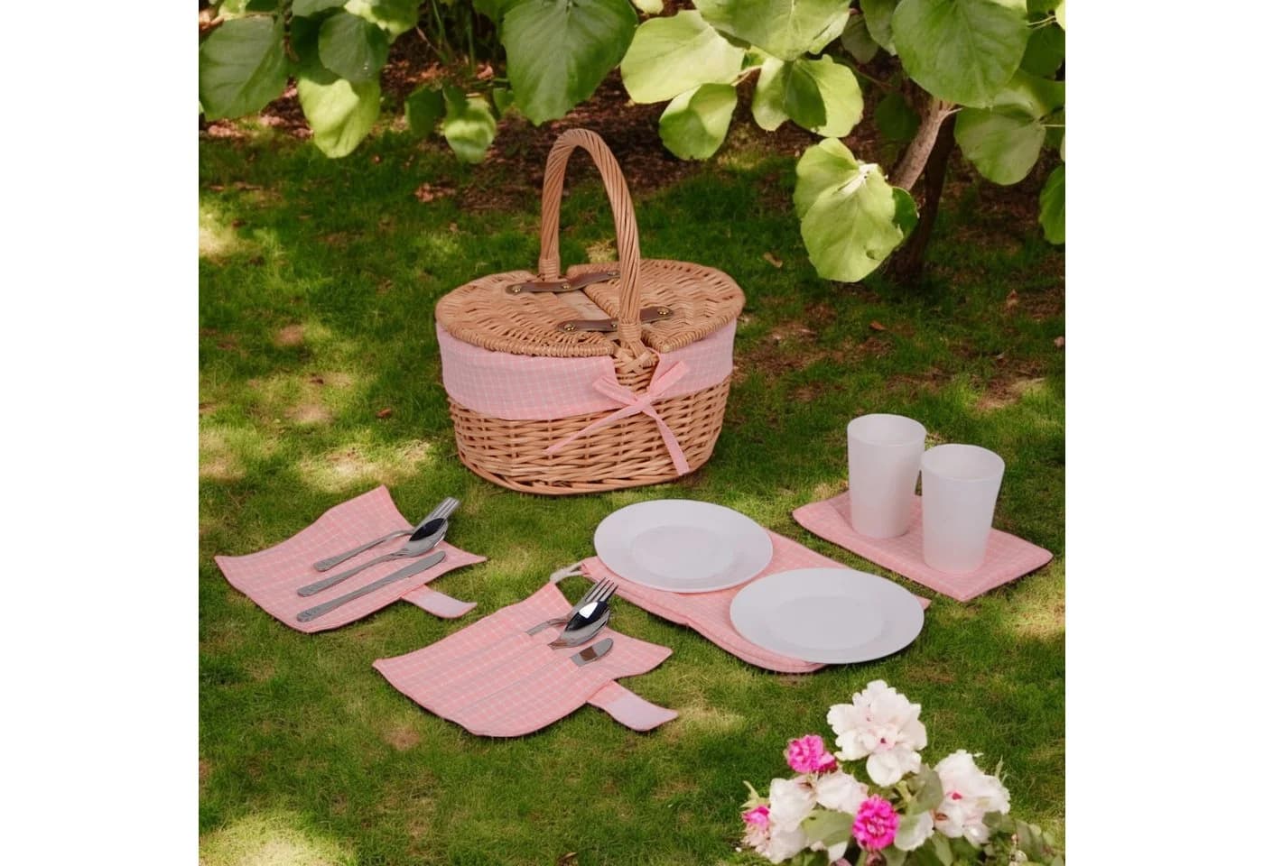 UNUS GARDEN Picknickkorb Kinder Oval Weide mit Besteckset