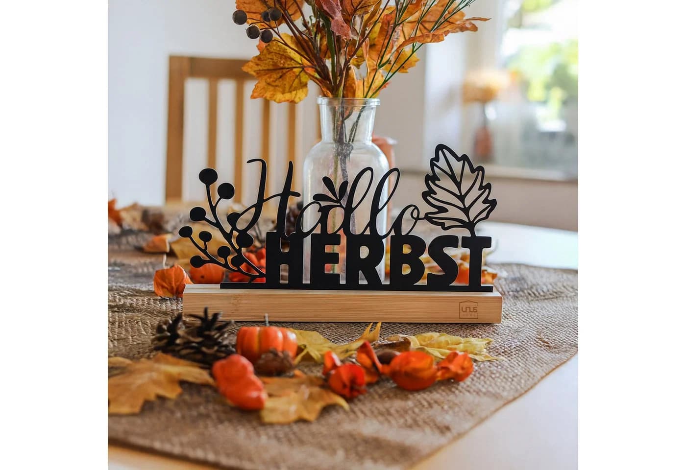 UNUS HOME Dekofigur Aufsteller Hallo Herbst Metall Schwarz Bambus Sockel - Bild 3