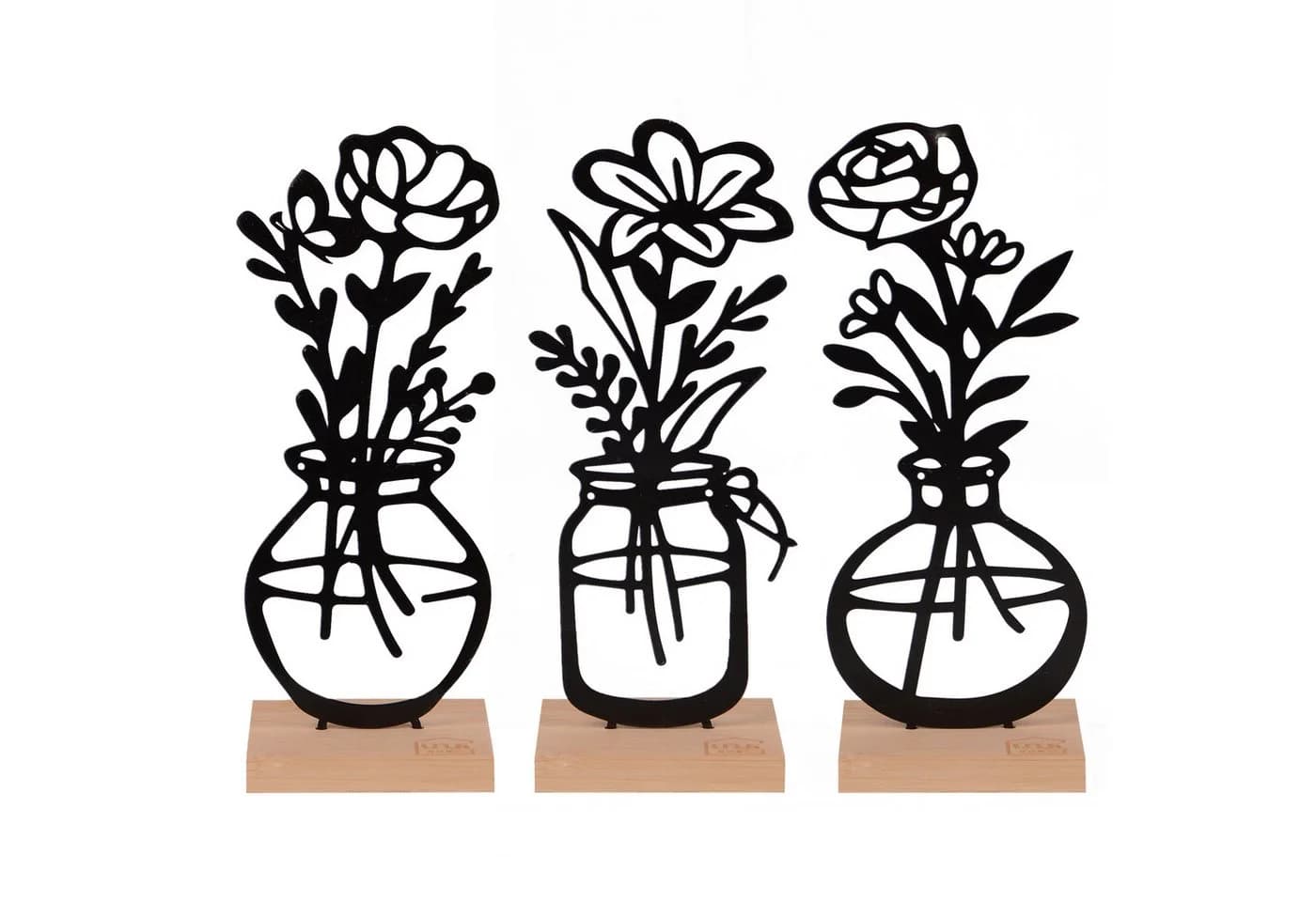 UNUS HOME Deko-Aufsteller 3er Set „Vase mit Blumen“ Schwarz Metall Bambus - Bild 2