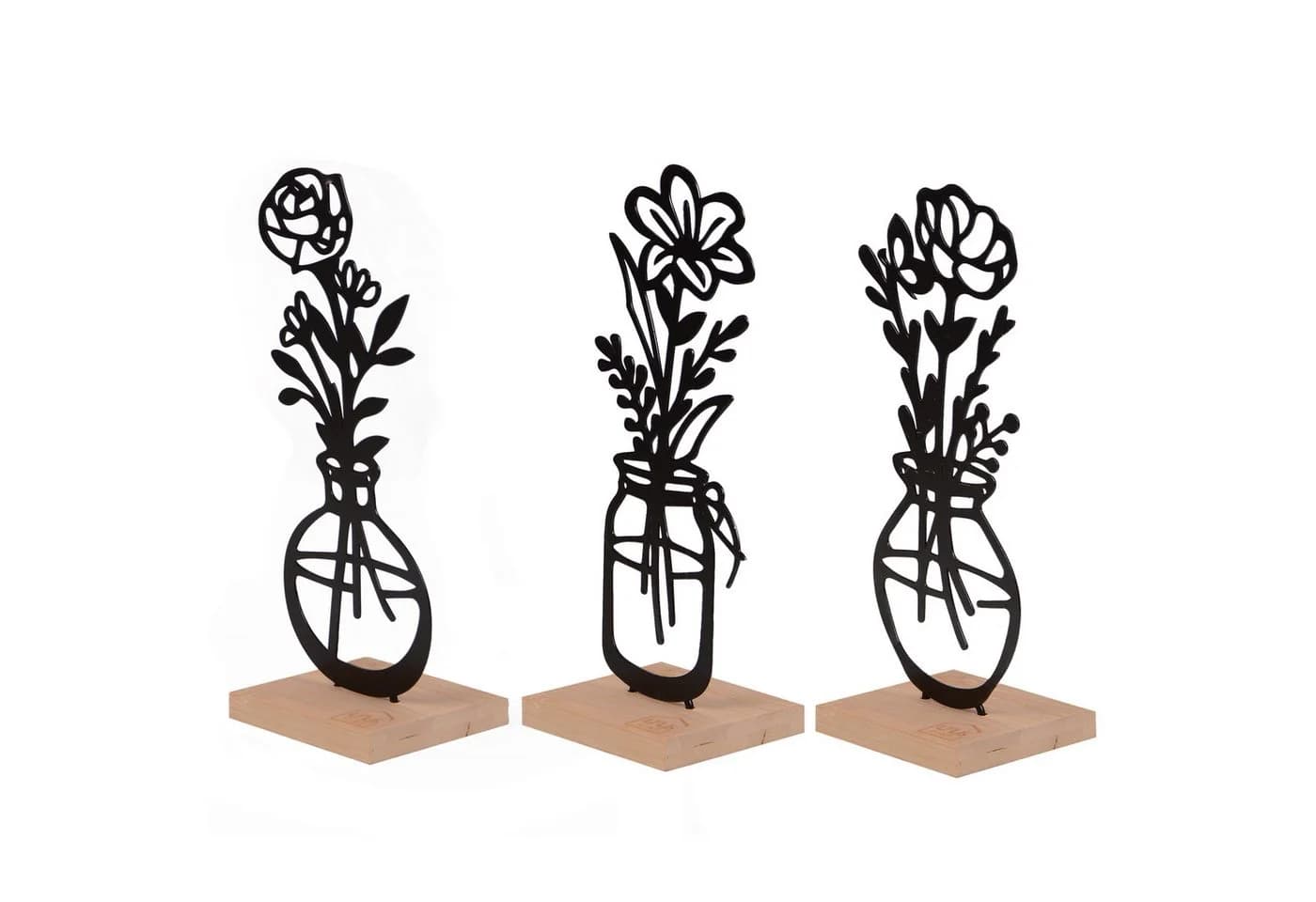 UNUS HOME Deko-Aufsteller 3er Set „Vase mit Blumen“ Schwarz Metall Bambus - Bild 3