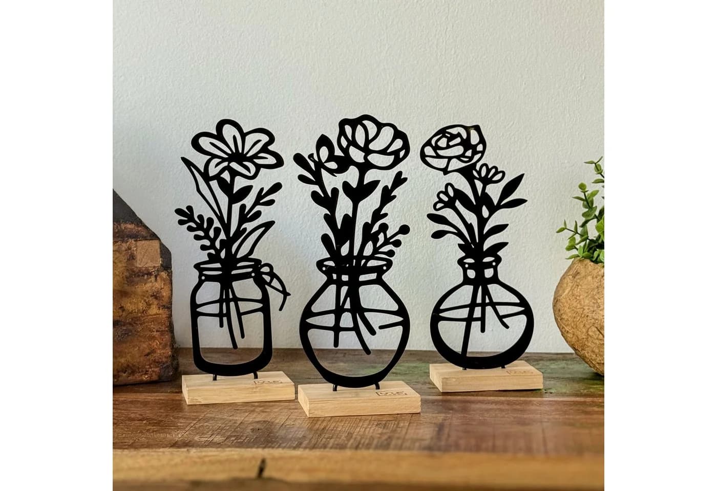 UNUS HOME Deko-Aufsteller 3er Set „Vase mit Blumen“ Schwarz Metall Bambus - Bild 4