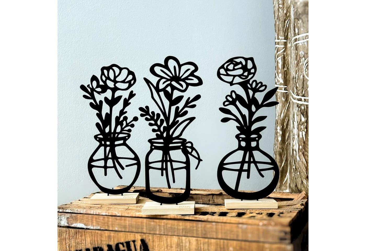 UNUS HOME Deko-Aufsteller 3er Set „Vase mit Blumen“ Schwarz Metall Bambus - Bild 5
