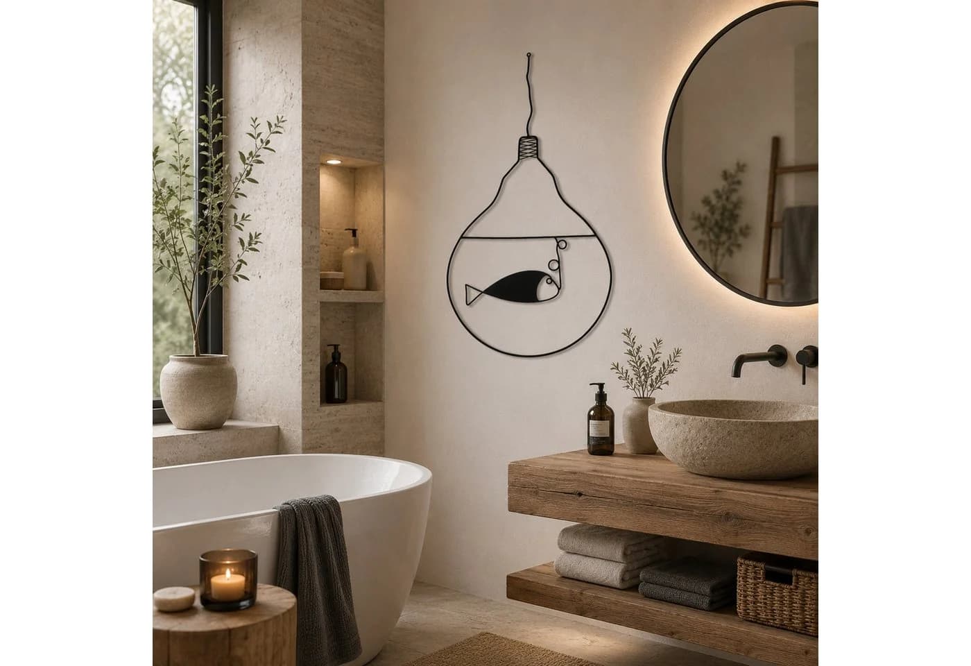 UNUS HOME Wanddeko Glühbirne mit Fischmotiv Metall schwarz