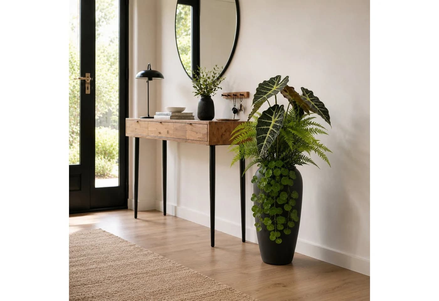 UNUS HOME Kunstpflanze mit Vase Alokasie Farn Efeu Grün