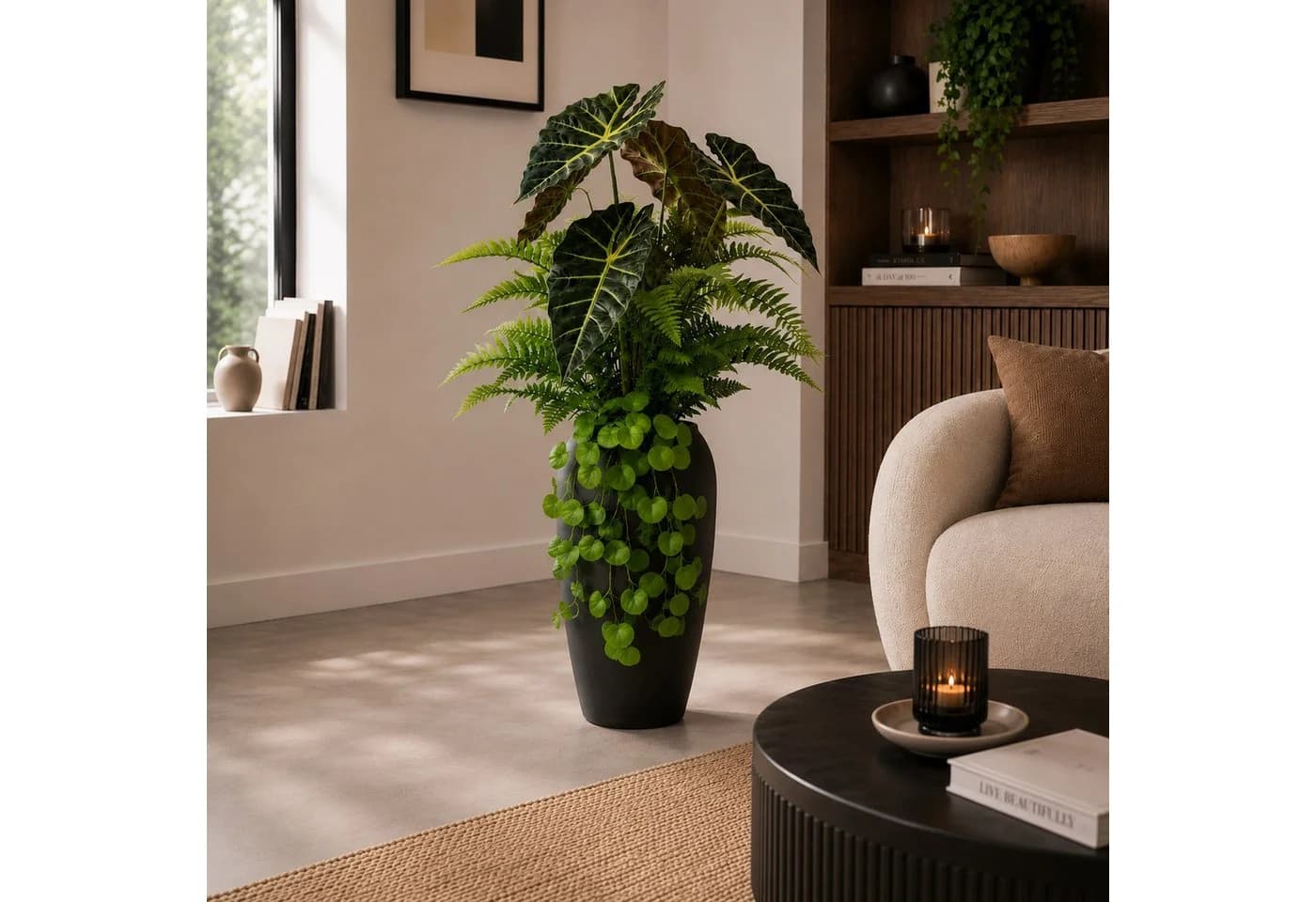 UNUS HOME Kunstpflanze mit Vase Alokasie Farn Efeu Grün - Bild 3