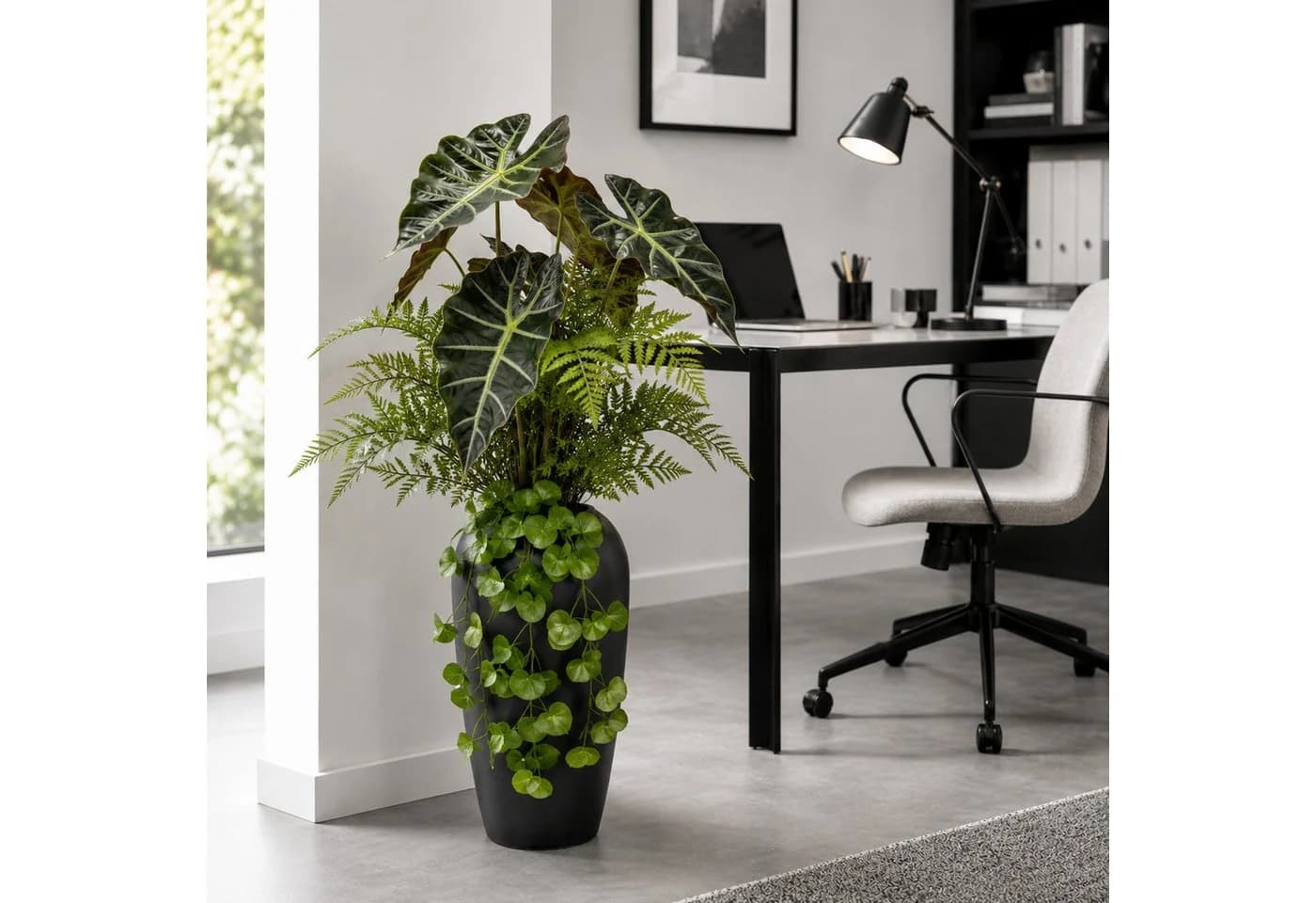 UNUS HOME Kunstpflanze mit Vase Alokasie Farn Efeu Grün - Bild 5